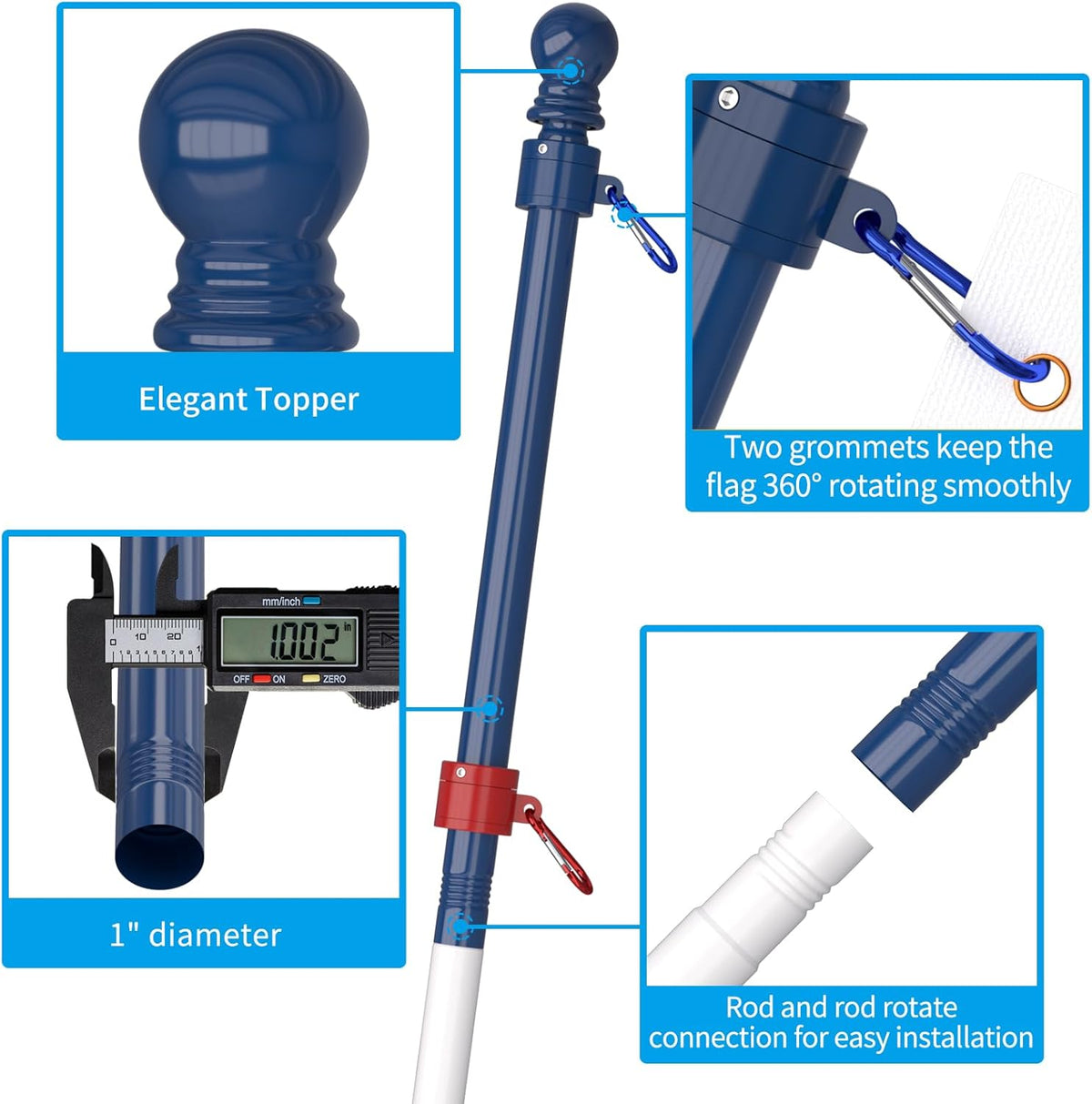 ZMTECH Flag Pole - Upgraded Bracket, 6 FT Stainless Steel Flag Poles for Outside House, Residential or Commerical, Tangle Free Flag Pole Kit for American Flag (Without Flag, Blue&White&Red)