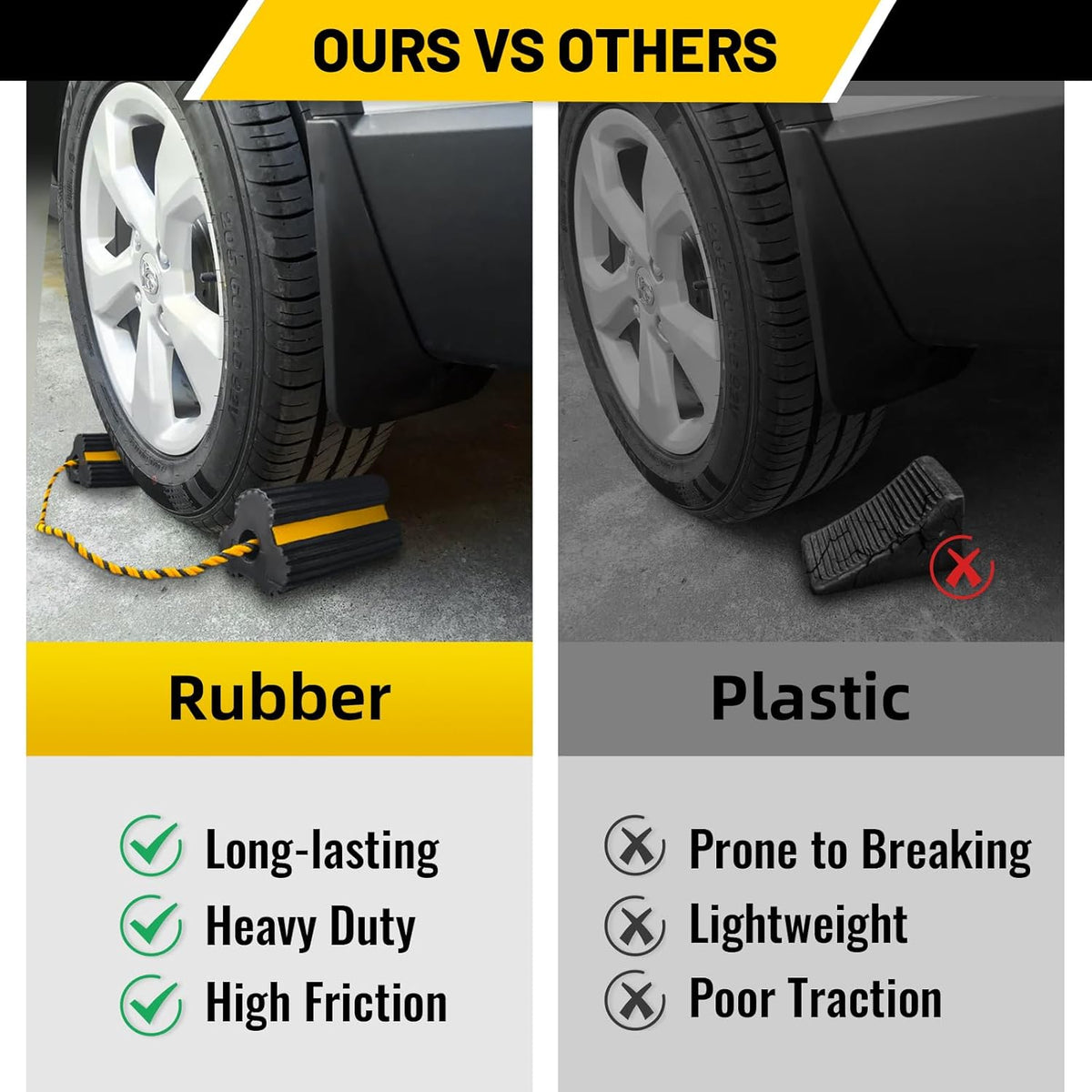ROBLOCK Heavy Duty Wheel Chocks, Rubber Wheel Block Non-Slip Base with Nylon Rope Yellow Reflective Tape - 1 Pair Black, Wheel Stoppers for Travel Trailers, RV, Aircraft, Car, Camper, Truck