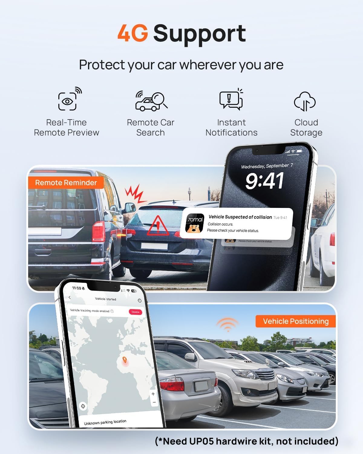 70mai Dash Cam Front and Rear A510,1944P+1080P with STARVIS 2 IMX675 and 64GB Card, Dash Camera for Cars, 4G LTE Support, ADAS, Built-in GPS WiFi, APP Control, HDR, 24H Parking Mode, Loop Recording