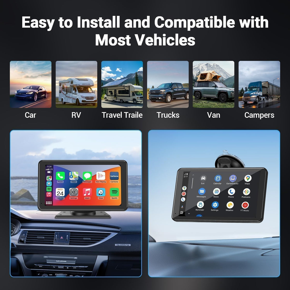 Wireless Double Din Car Stereo Compatible with Apple CarPlay and Android Auto,7" HD Portable Bluetooth CarPlay Touch Screen for Car,with Car Play Dash Mount and Backup Camera