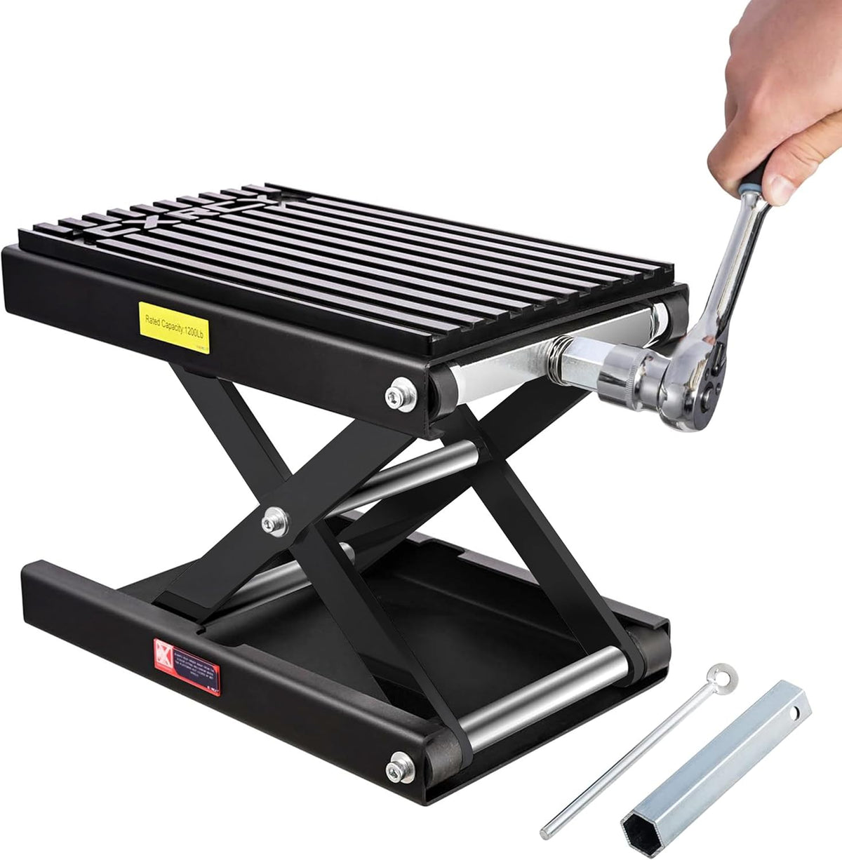 CXRCY 1200 LBS Motorcycle Lift Scissor Jack Black Upgraded Dirt Bike ATV Motorcycle Hoist Stand with Ratchet Wrench,Crank Handle,Thickened Rubber Pad,Wide Deck