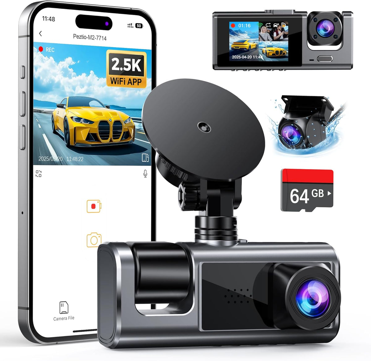 3 Channel WiFi Dash Cam Front and Rear Inside with 64GB SD Card, 2.5K+1080P+1080P Car Dash Camera for Cars Front and Rear, Dashcam with G-Sensor, Loop Recording, 24H Parking Mode, Support 512GB