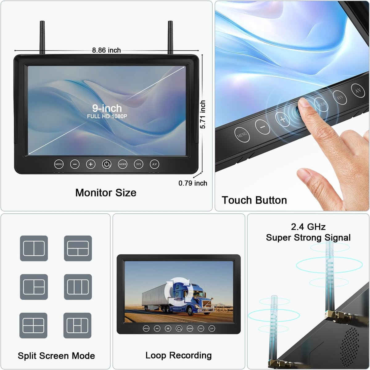 Fookoo 1080P 9" Magnetic Wireless Backup Camera, HD 9" IPS Monitor, Rechargeable 2 Side View 1 Rear View Cameras,1 Min Easy Install, Long Battery Life No Drilling IR Light for Trailer RV Truck DCX903