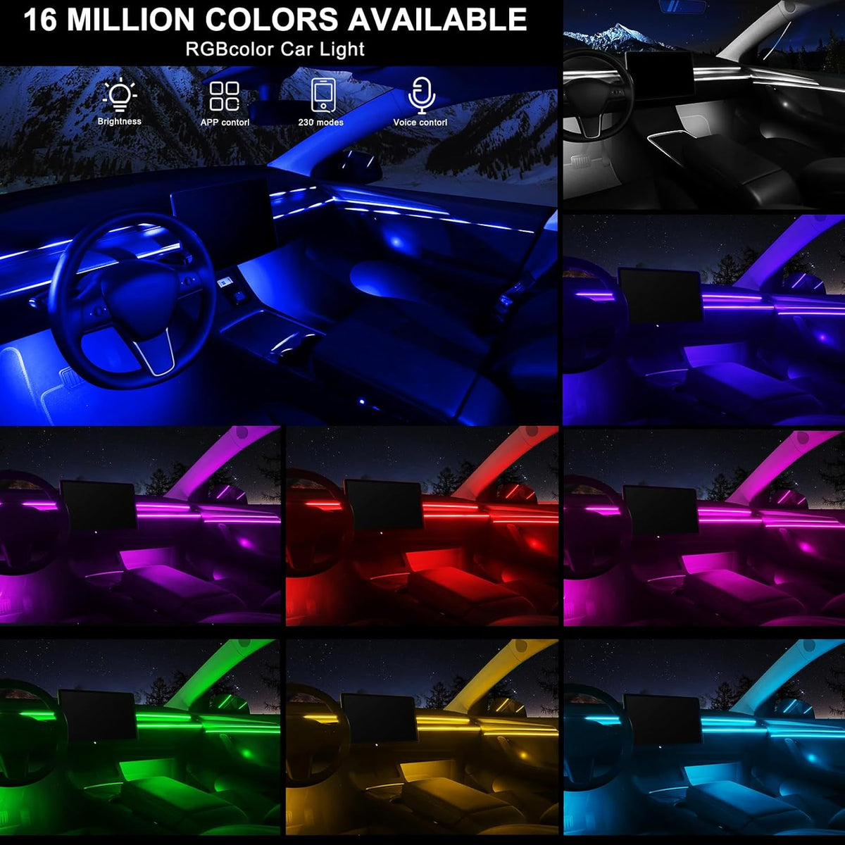 Acrylic Interior Car LED Strip Light with Wireless APP, Car Accessories 18 in 1 with 175 inches 593 LEDs Fiber Optic Ambient Lighting Kits, RGB Dynamic Music Sync Neon LED Strip Light for Car