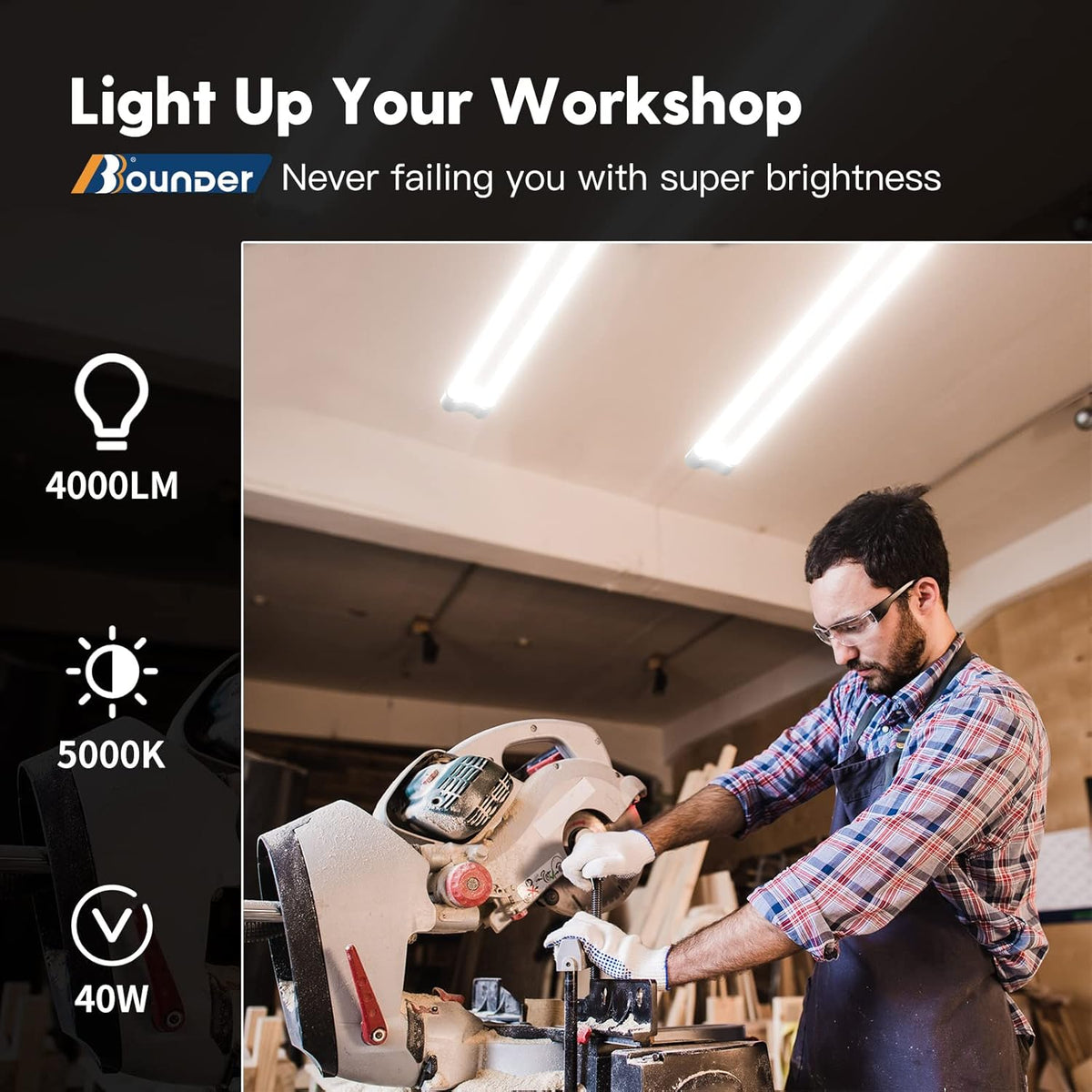 Bbounder 10 Pack Linkable LED Utility Shop Light, 4 FT Integrated Fixture for Garage, 40W Equivalent 250W, 5000K Daylight, Surface + Suspension Mount, Florescent Light Fixture Replacement, White