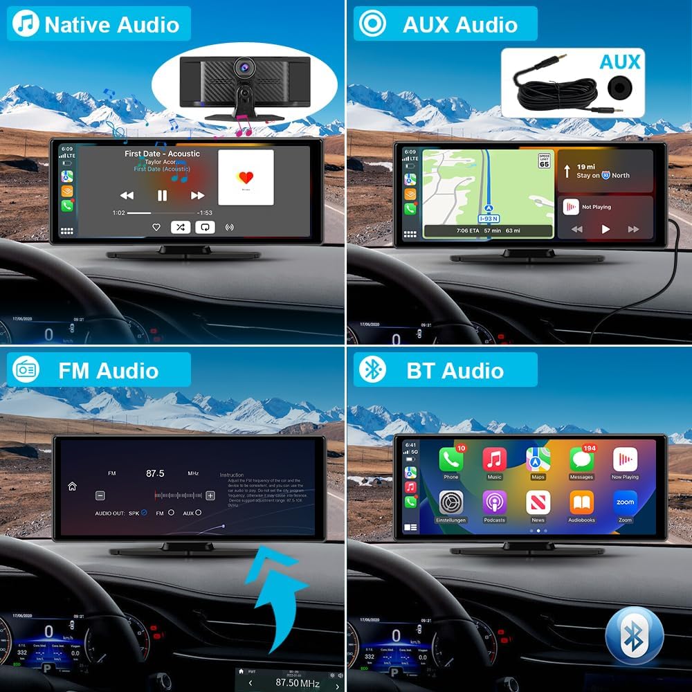10.26" Portable Carplay Screen for Car, Wireless Carplay & Android Auto Car Stereo, Touchscreen GPS Navigation 4K Dash Cam/1080P Backup Camera/Mirror Link/Bluetooth/Voice Control