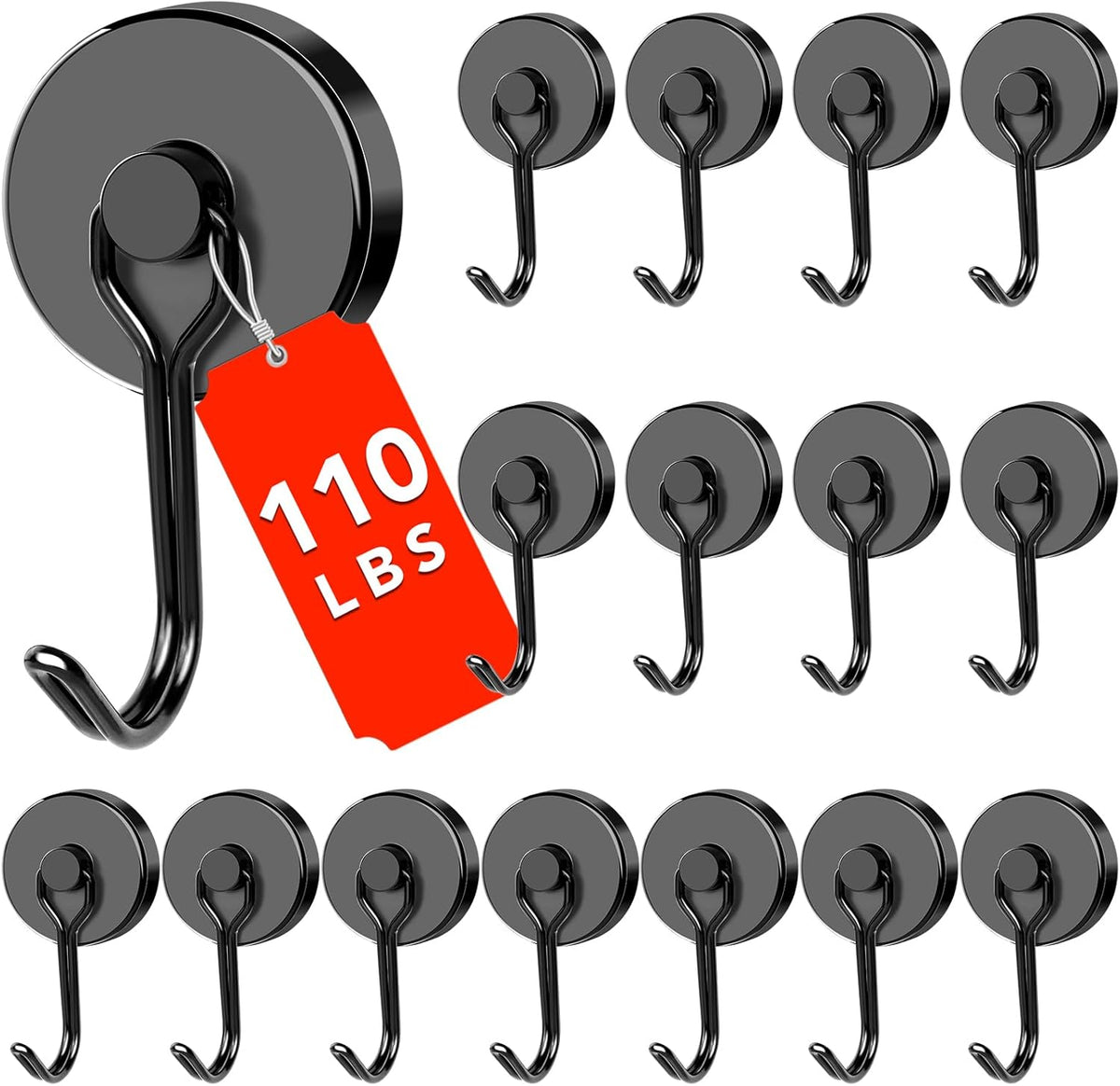 DIYMAG Black Magnetic Hooks, 110LBS Strong Magnetics Heavy Duty, Magnet Hook with Metal Hanger for Hanging Refrigerator Home Kitchen Office, 16Pack
