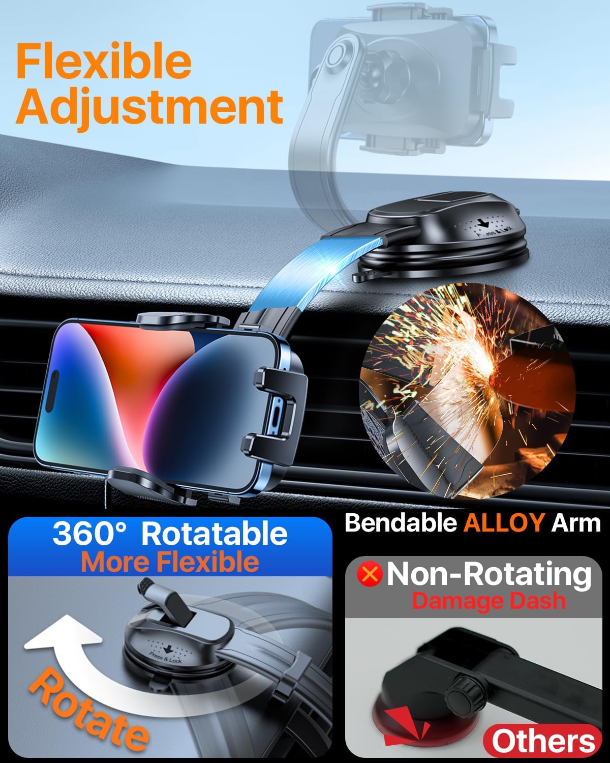 HTU Upgraded Strongest Suction Car Phone Holder Bendable Arm, Never Block View Rotatable Cellphone Mount for Dashboard Windshield Vent, Cradle Stand for iPhone 16 15 14 13 12 Pro Max (Black)