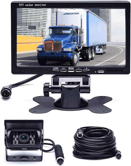 Hikity 7" Backup Camera with Monitor Kit, Waterproof 18 IR LED Night Vision Reverse Camera + Rear View Monitor Vehicle Parking System for RV Bus Trailer Truck (65ft 4-Pin Aviation Video Cable)