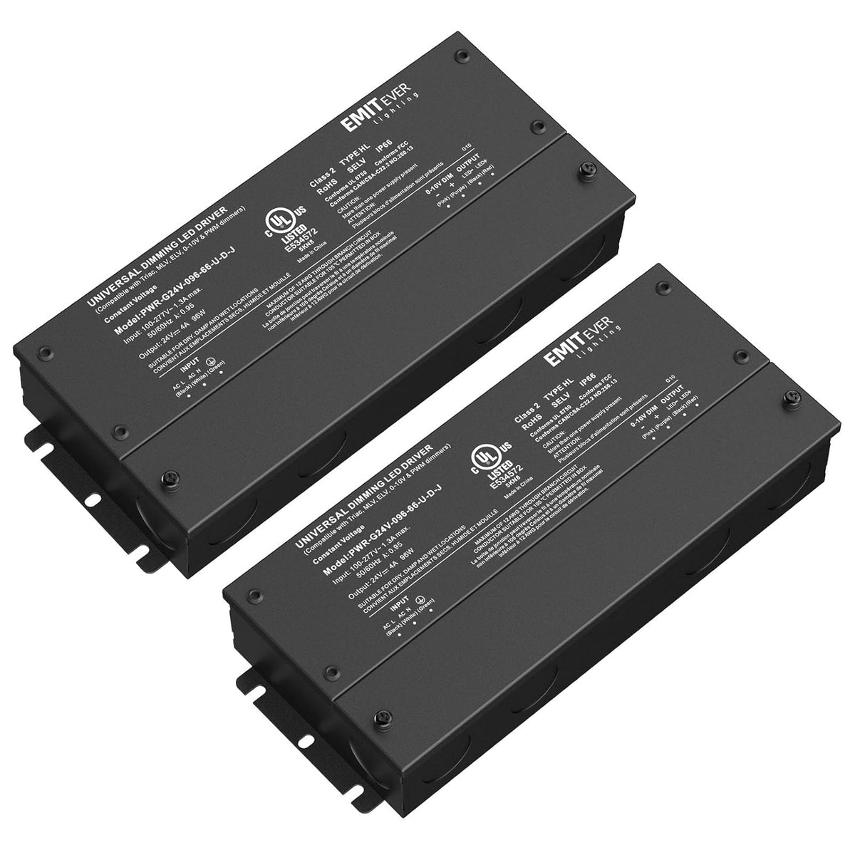 EMITEVER Dimmable Led Driver, 2 Packs 96W AC 110V-277V to DC 24V Transformer, 5-in-1 Dimming: ELV/MLV/TRIAC / 0-10V / 1-10V / 10V PWM/Potentiometer, Waterproof IP67 and UL Listed