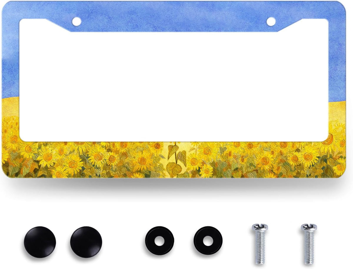 Sunflowers License Plate Frame Watercolor Yellow Floral License Plate Holder Colorful Stainless Steel Flowers Car Accessory Funny License Plate Decoration Size 12.2"x 6.2" with Screws