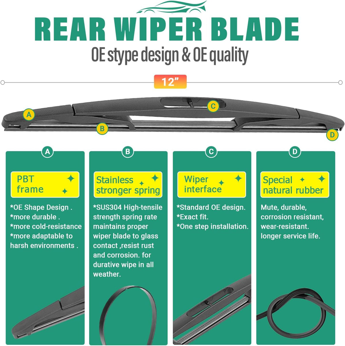24" 21" 12" Windshield Wiper Blades Replacement for Buick Enclave 2012 2013 2014 2015 2016 2017 Premium All Weather Front Rear Wipers Set - OEM Quality (Pack of 3)