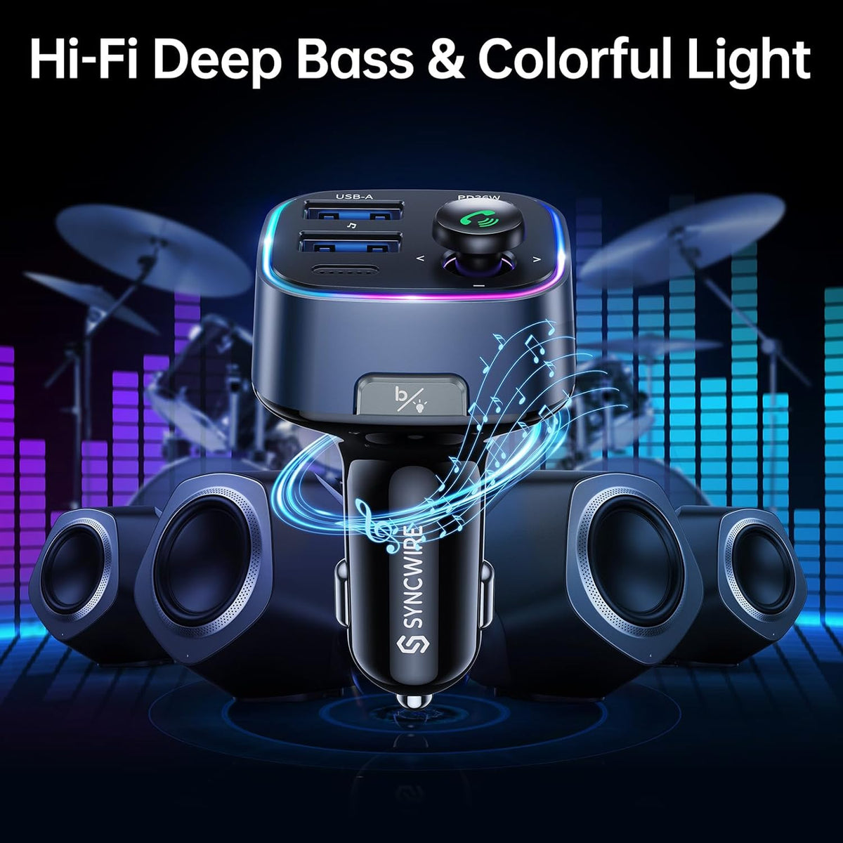 Syncwire Bluetooth 5.3 FM Transmitter Car Adapter 48W(PD 36W & 12W) [Light Switch] [Hi-Fi Deep Bass] [Fast Charging] Wireless Radio Music Adapter LED Display Hands-Free Calling Support USB Drive