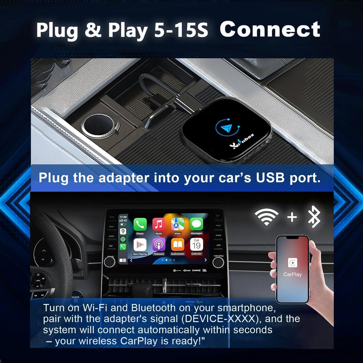 Wireless CarPlay Adapter for iPhone - 2025 Wired to Wireless CarPlay Dongle with Dual-Band WiFi, Low Latency, Auto Connect, Plug & Play for Factory OEM Wired CarPlay Cars