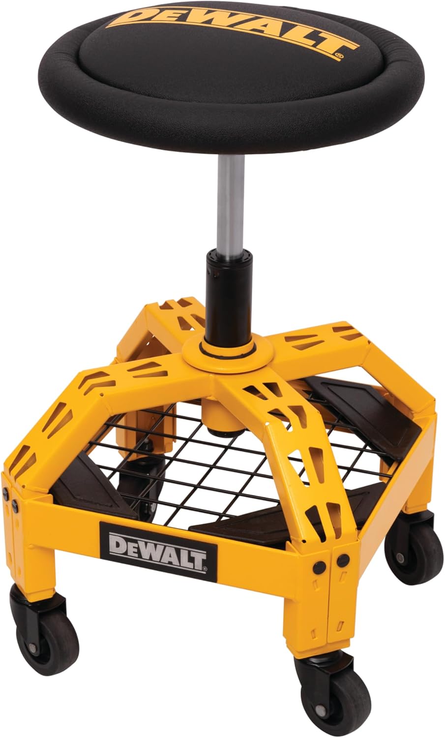 DEWALT Heavy-Duty Metal Rolling Stool for Shop or Garage, Padded 360-degree Swivel Seat, Durable Steel Frame, Adjustable