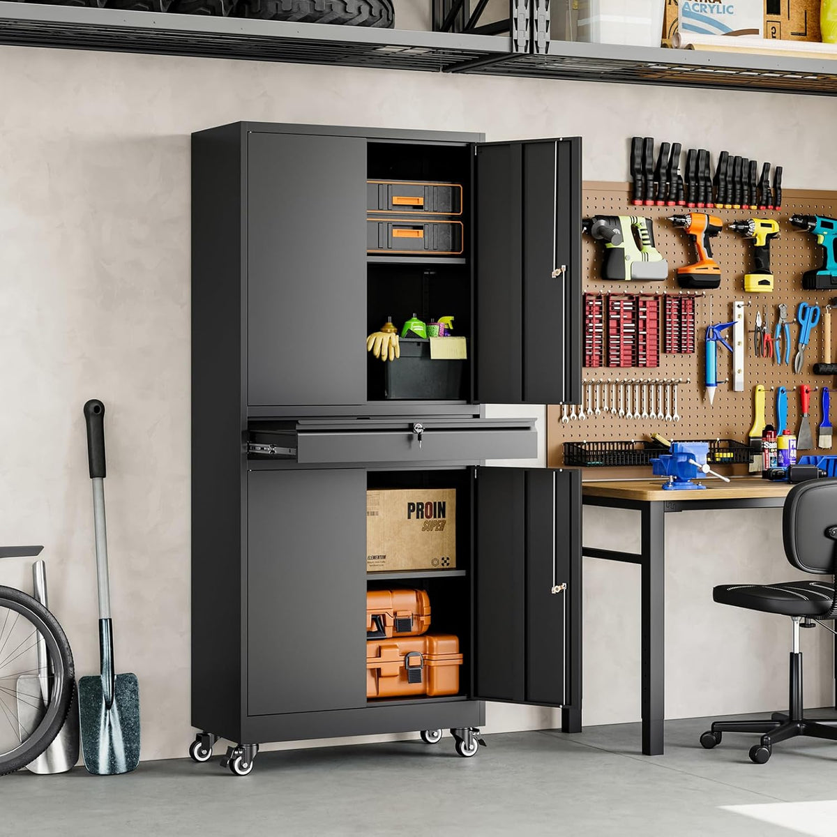 Yizosh Metal Garage Storage Cabinet with Locking Doors and Adjustable Shelves, 73" Rolling Tool Storage Cabinet with 4 Wheels and 1 Drawer for Garage,Warehouse (Black)
