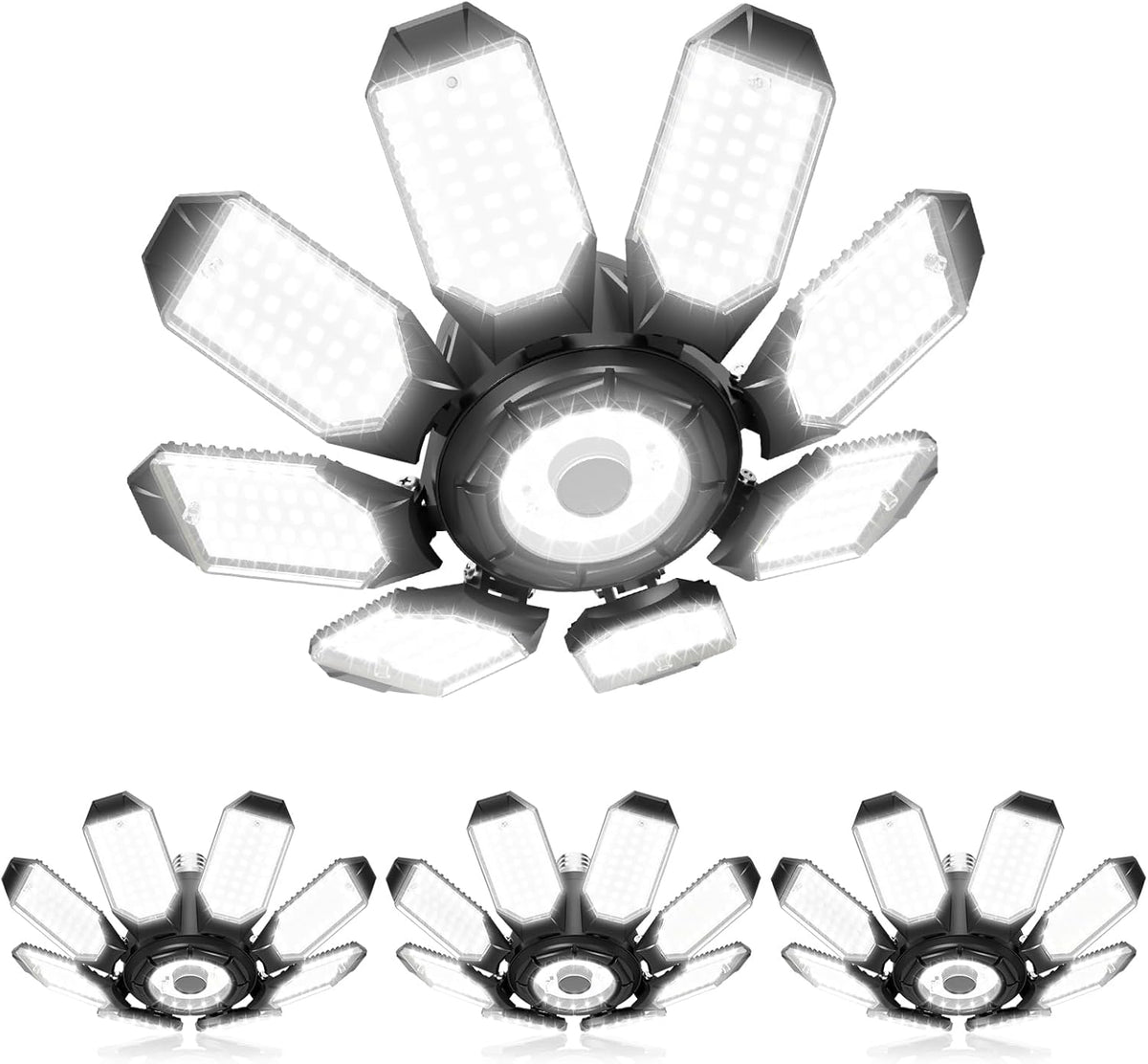Adiding LED Garage Ceiling Lights 56000Lm 4 Pack w/ 8 Adjustable Panels, Super Bright Deformable Basement Lighting Fixture Screw in E26 Bulb Socket for Indoor Workshop, Attic, Storage, Bay, Home Gym