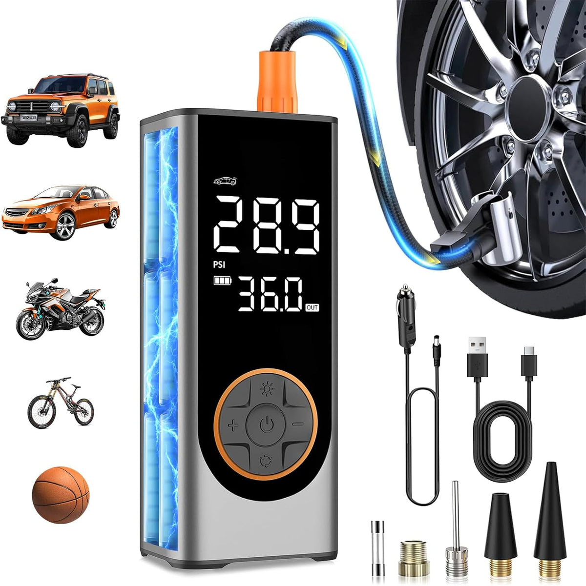 Tire Inflator Portable Air Compressor, 150PSI Cordless Air Pump for Car Tires, 4X Faster 12V DC Tire Pump with Tire Pressure Gauge, LED Light for Cars, Motorcycles, Bikes, Balls (Silver)