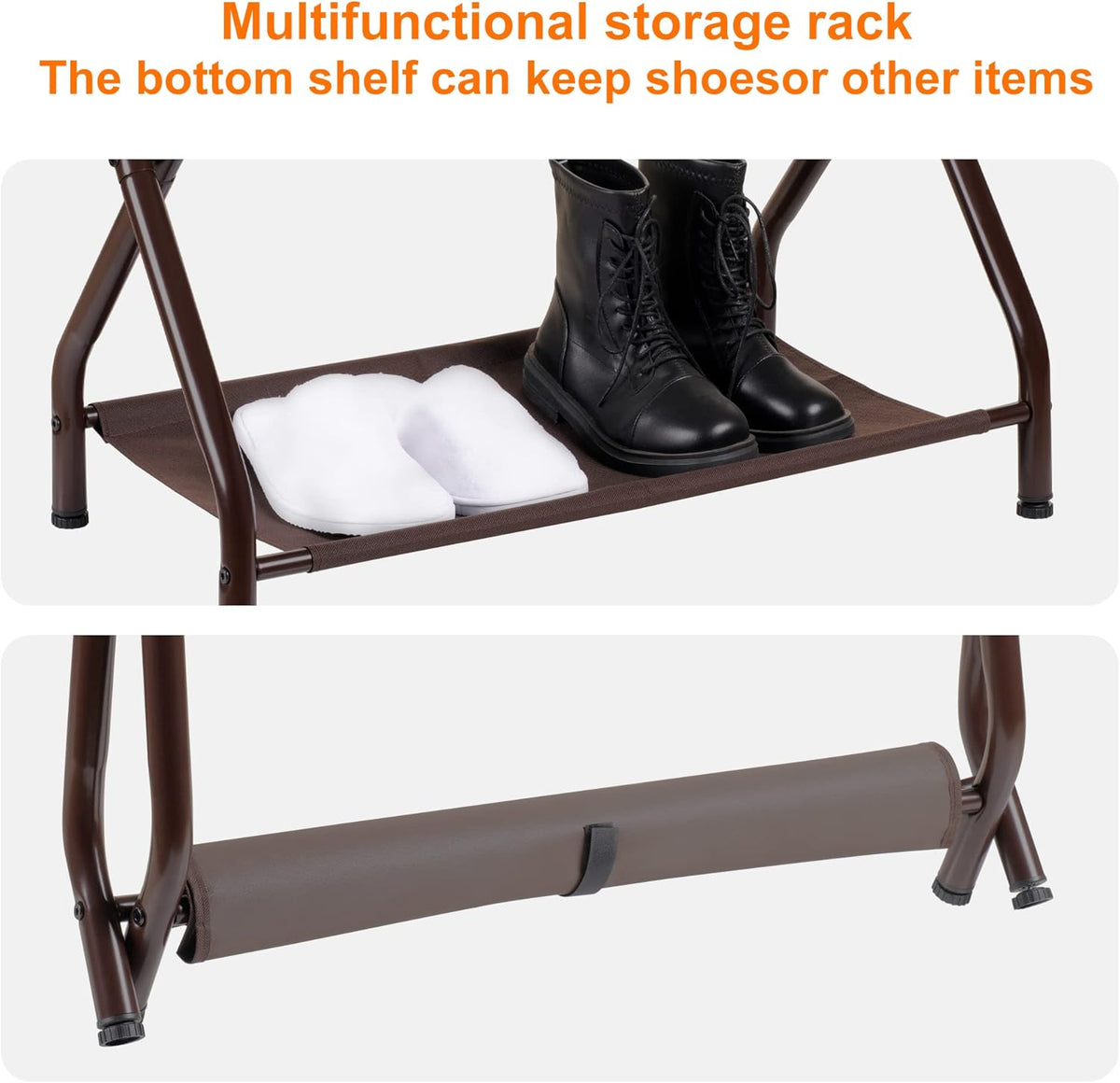 Heybly Luggage Rack, Steel Folding Suitcase Stand with Storage Shelf for Bedroom, Hotel, Foldable Steel Frame, Guest Room Bedroom Hotel, 22.8" L x 11.8" W x 20.9" H, Brown HLR004Z1
