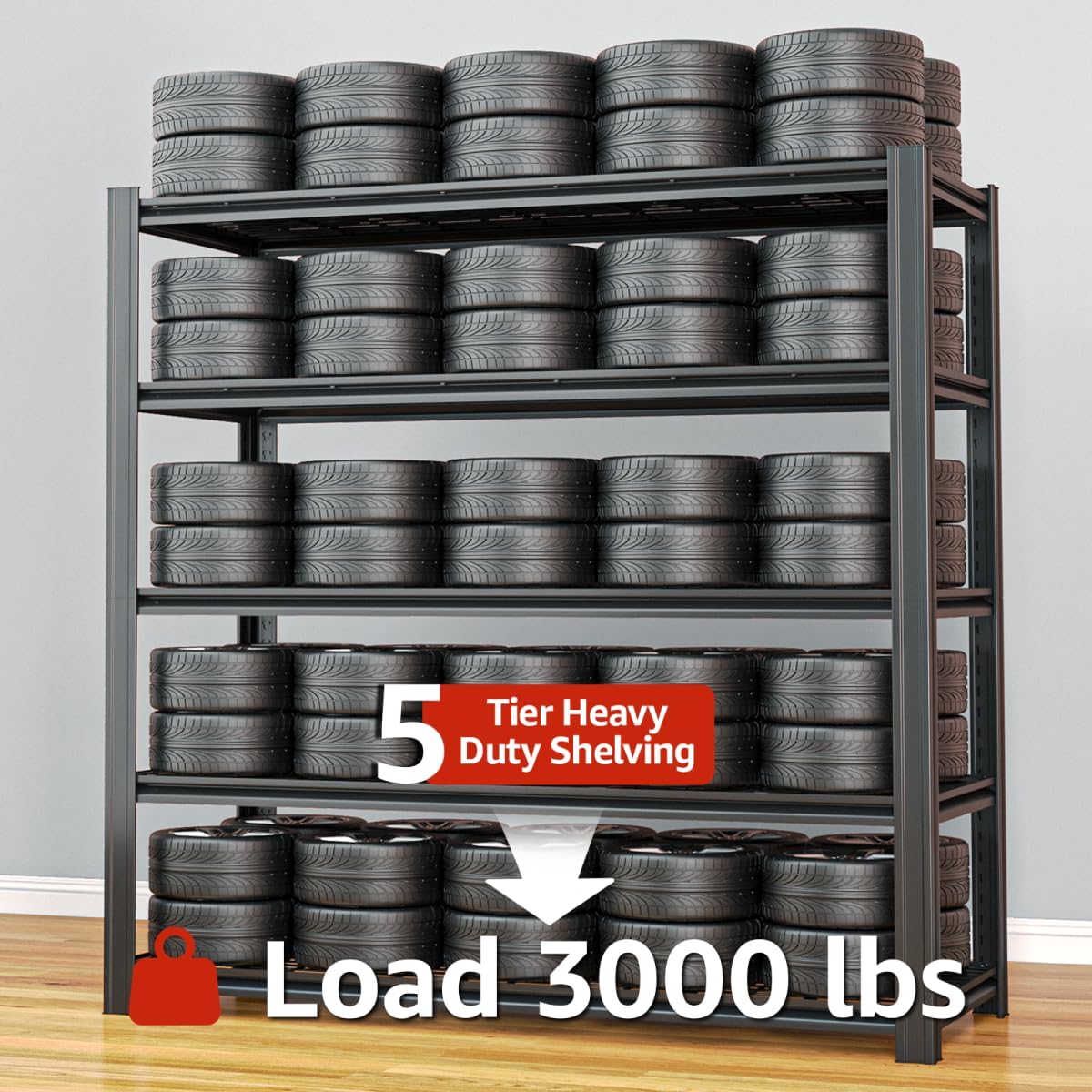 5 Tier Metal Shelving Unit 84" H x 48" W x 24" D, 3000LBS Adjustable Storage Shelves, Heavy Duty Garage Shelves for Warehouse, Basement, Kitchen, Pantry, Living Room, Black