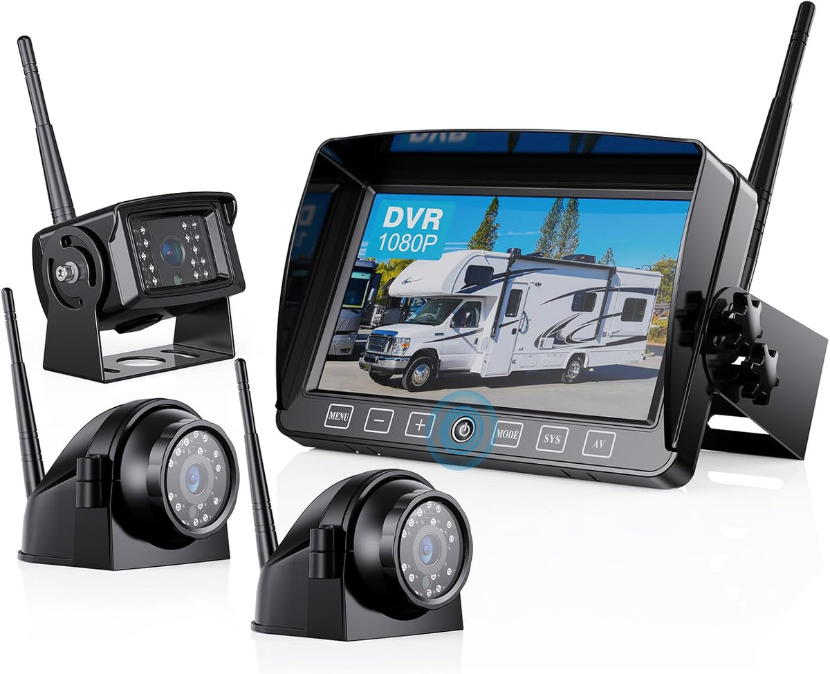 Wireless Backup Camera with 7 Inch DVR Quad Split Monitor for RV Trailer Truck, Digital Signal HD 1080P Wireless Rear Side View 3 Cameras Back Up System w/Recording 18 IR Night Vision (B3C)