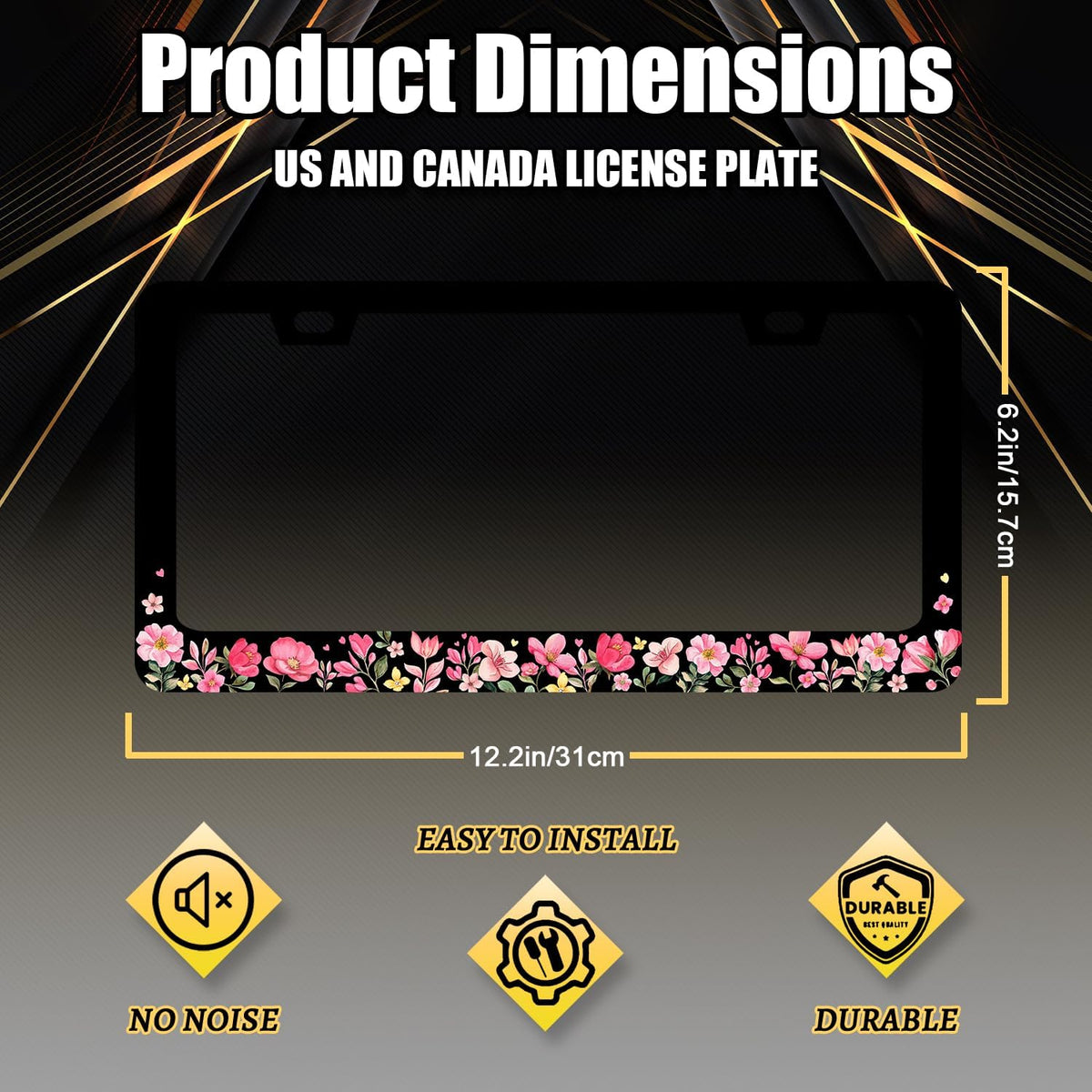 Pink Flowers License Plate Frame Colorful Floral Flower License Plate Stainless Steel Women Accessories Cars Decor 12.2 X 6.2 Inch with 2 Holes and Screws Fits Standard Us Ca Vehicles