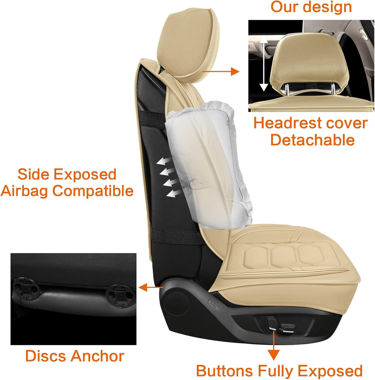 Pariitadin Leather Car Seat Covers Full Set, Waterproof Breathable Faux Leather Automotive Seat Covers for Cars, Non-Slip Car Interior Covers Universal Fit Most Cars Sedans Trucks SUVs, Beige