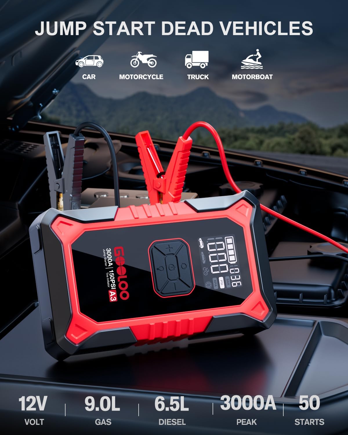 GOOLOO A3 Jump Starter with Air Compressor, 3000A Portable Car Battery Booster (9.0 Gas/6.5L Diesel) with 150PSI Auto-Shutoff Tire Inflator, 12V Supersafe Lithium Jump Box Car Battery Jumper Starter