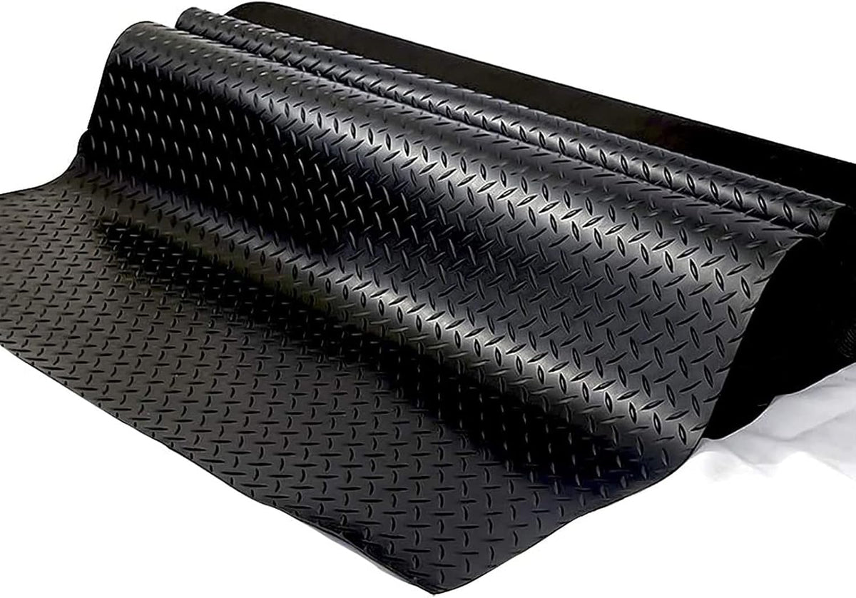Boshen 5Ft x 7.5Ft Garage Floor Mat 2.5mm Thickened Rubber Flooring Roll 37.5sqft Diamond Plate PVC Rubber Trailer Mat Non-Slip Floor Protector Mat for Garage Warehouse Basement Trailer - Black