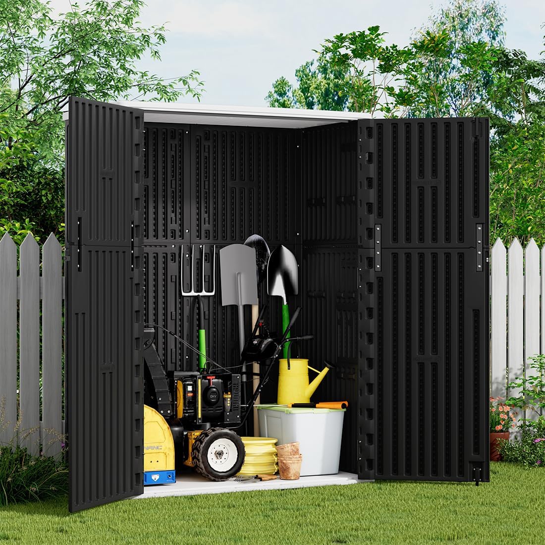 KINYING Outdoor Storage Shed,57 Cu.ft Vertical Outdoor Storage Cabinet Waterproof, Outdoor Resin Tool Shed for Patio Furniture, Garden Tools, Pool Accessories, Lawn Mower(Black Color)