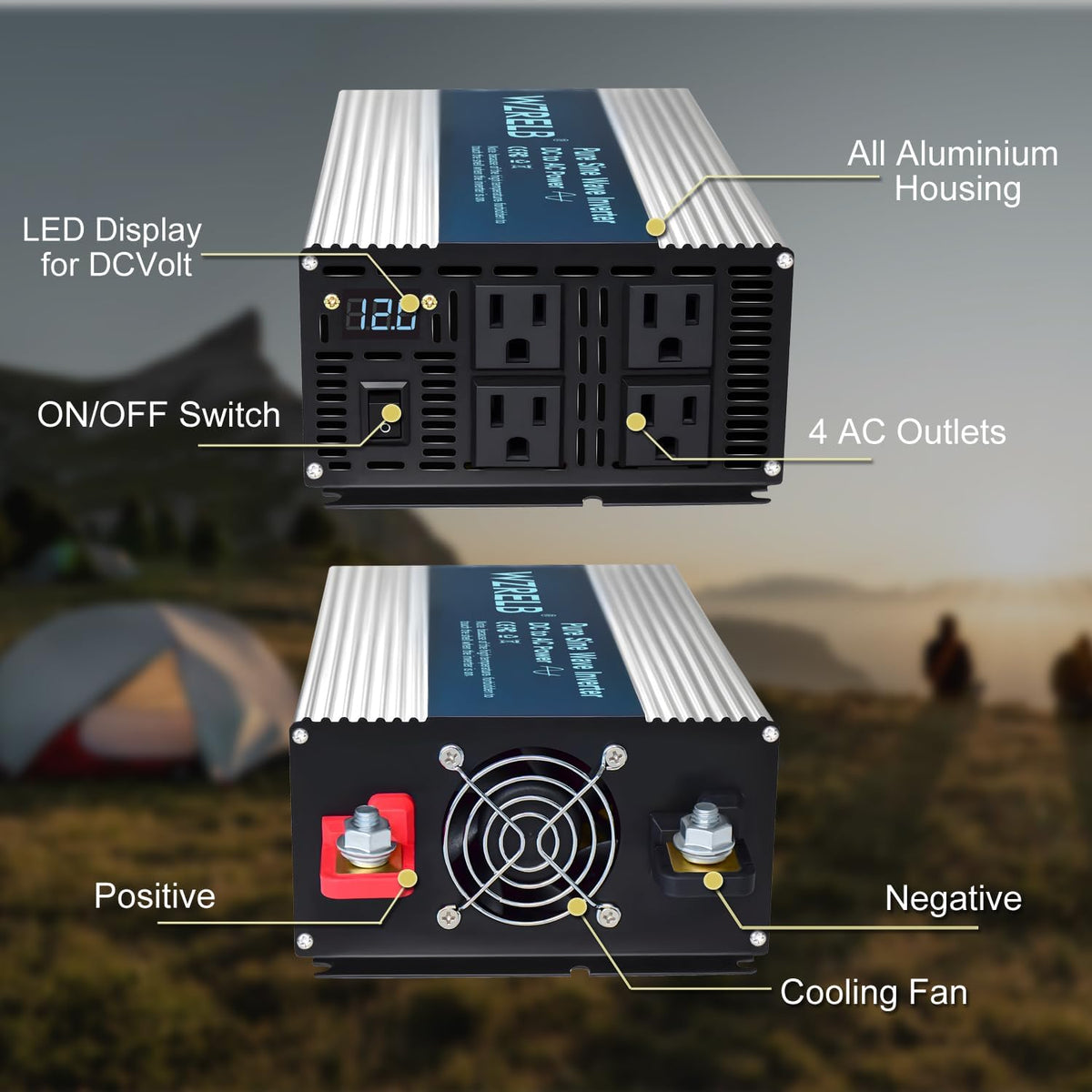 WZRELB 1800W Pure Sine Wave Inverter 48V DC to 110V 120V AC,Car Power Inverter with 4 AC Outlets, LED Display,Off-Grid Portable Power Converter for Home, RV, Truck, Camping