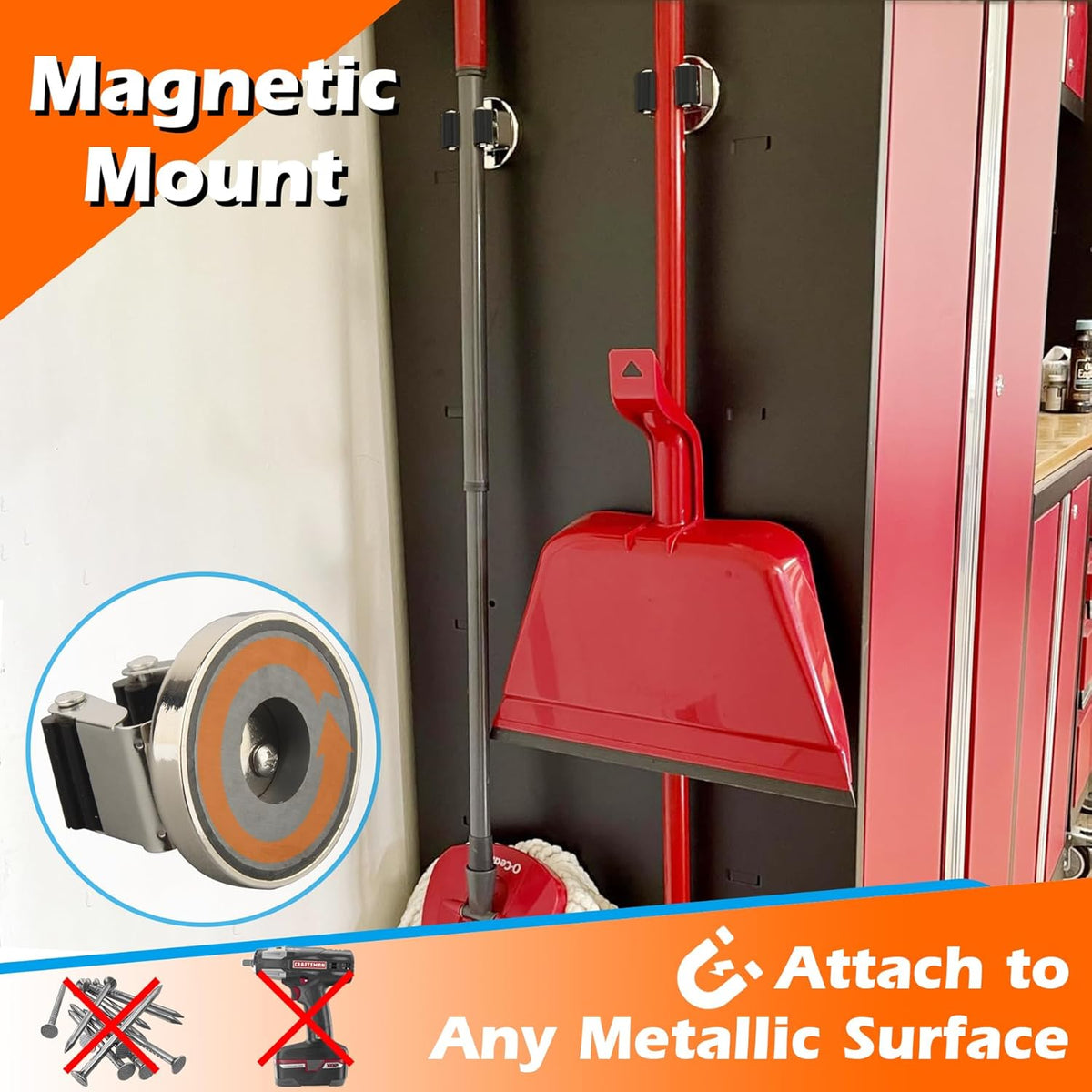 MUTUACTOR Magnetic Broom Holder,Anti-broken Broom and Mop Tool Holder,2PCS Adjustable Magnet Holder Broom Mop Clip with 360 Swivel Rack for Hanging in Metal Door Refrigerators Washer Machine