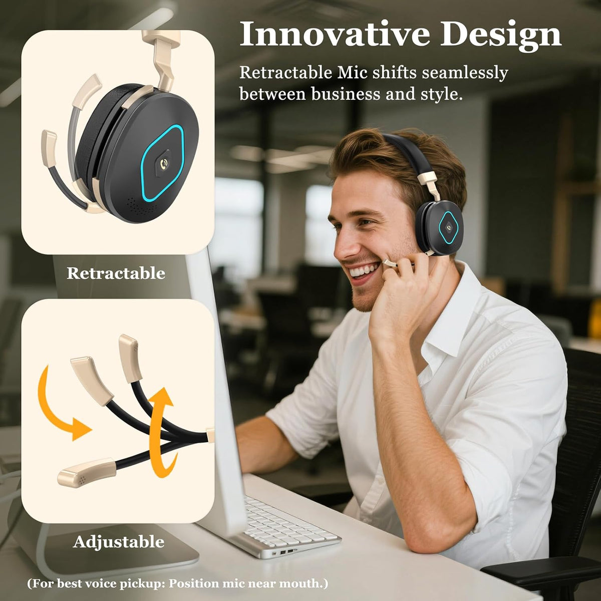 Wireless Headset with Mic for Work, Bluetooth Headphones with Microphone, Hybrid Mode Wireless/Wired, Dual AI Noise Cancellation, Retractable Boom Mic, USB Dongle & Mute for Home/Office/PC/Cell Phones