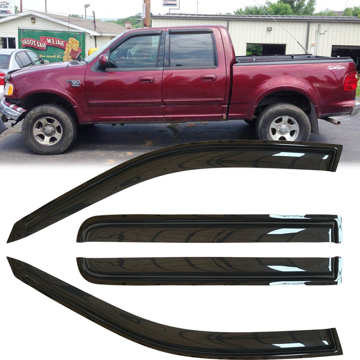 4pcs Original Shatterproof Outside Mount Rain Guard Durable Side Window Wind Deflectors Dark Smoke Vent Window Visors Compatible with F-150 01-03 Crew (Super Crew) Cab Pickup 94949