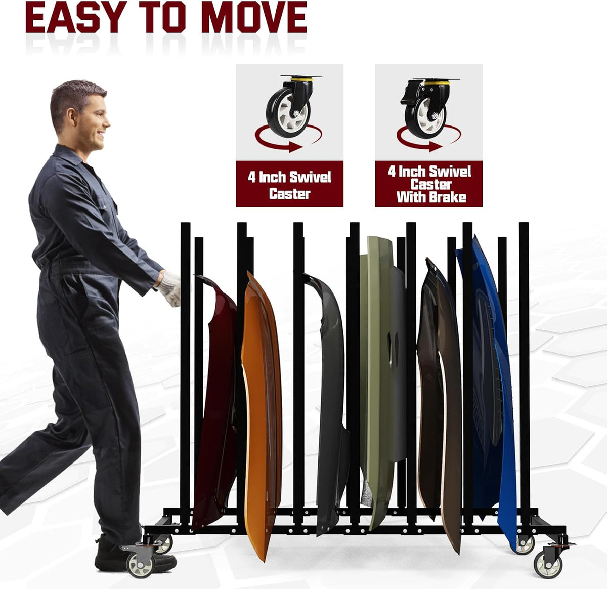 Vehicle Hood Storage Cart, 6 Hood Storage Rack with Dedicated Area for Each Hood Maximize Space Utilization 4 Inch Swivel Caster Allow Floor Mobile Vehicle Hood Storage Cart Smooth Maneuverability