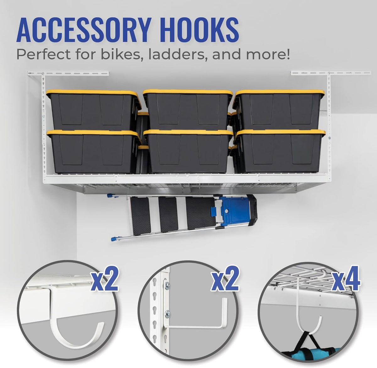 SafeRacks 4 ft x 8 ft Overhead Storage Rack Adjustable 24 in - 45in Height (White) With Accessory Pack With 8-Piece Deluxe Hook Accessory Pack