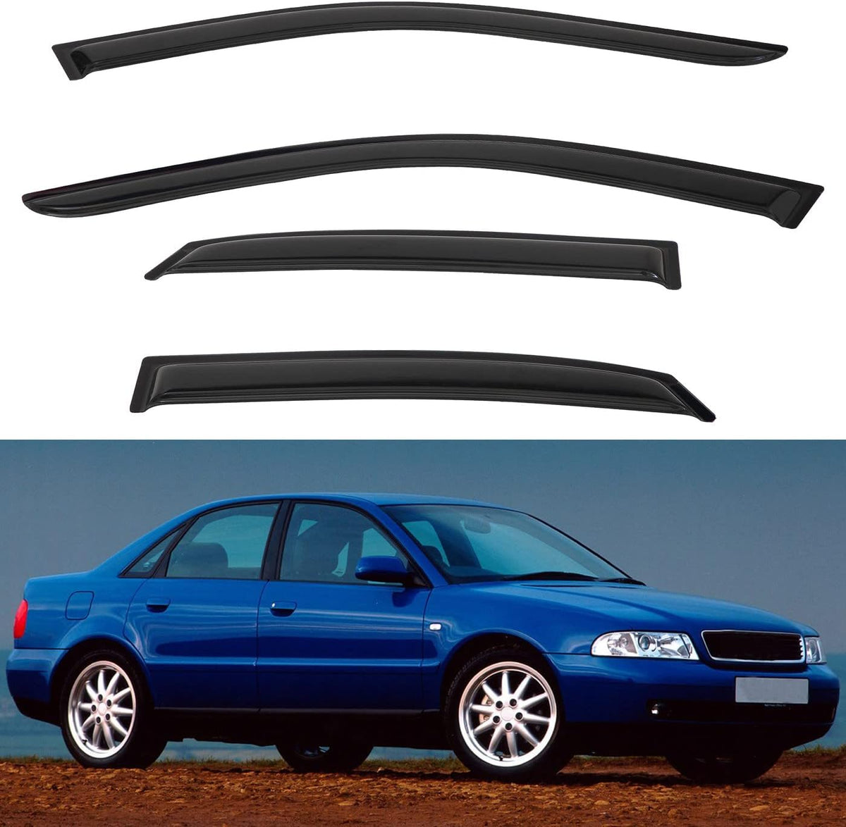 4pcs Front+Rear Smoke Tint Sun/Rain Guard Outside Mount Tape-On Vent Window Visors Compatible with 96-01 B5 A4/A4 Quattro 00-02 S4 4-Door Sedan