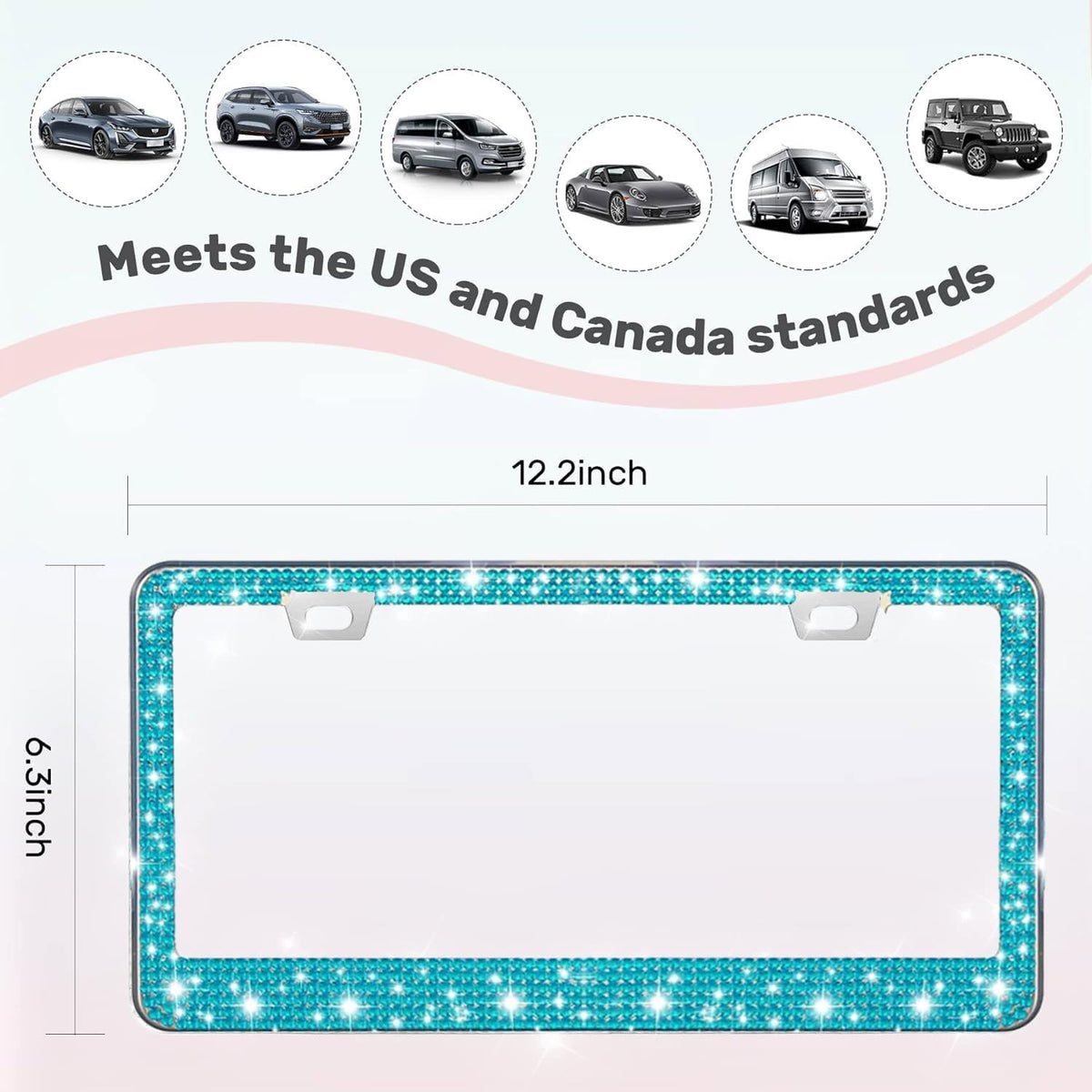 2 Pack License Plate Frames for Women, Sparkly Rhinestone Diamond Car Accessories with Glitter Crystal Caps (Blue（2PCS）)