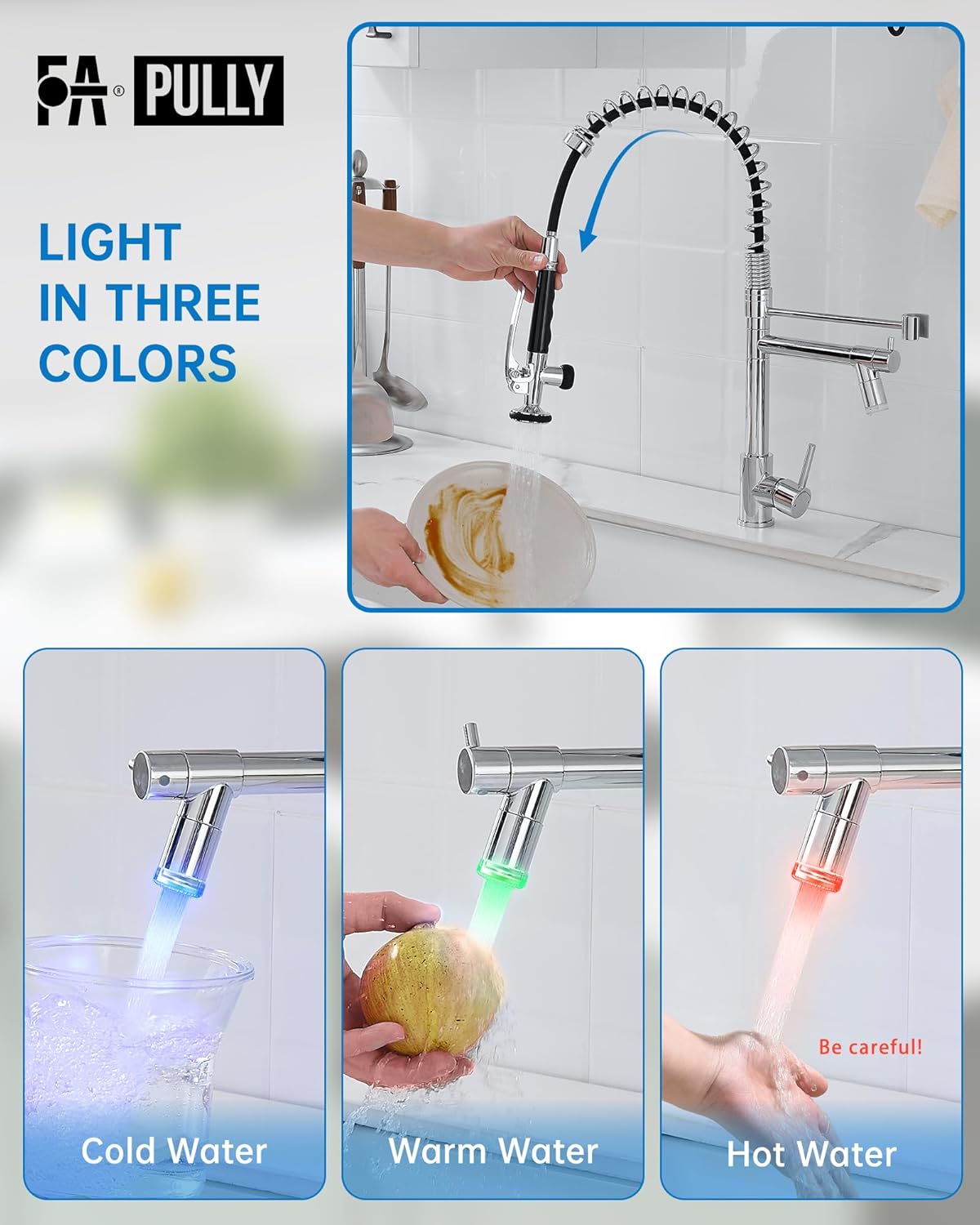 Fapully Kitchen Faucet with Pull Down Sprayer,Commercial Single Handle Kitchen Sink Faucet with LED Light Chrome