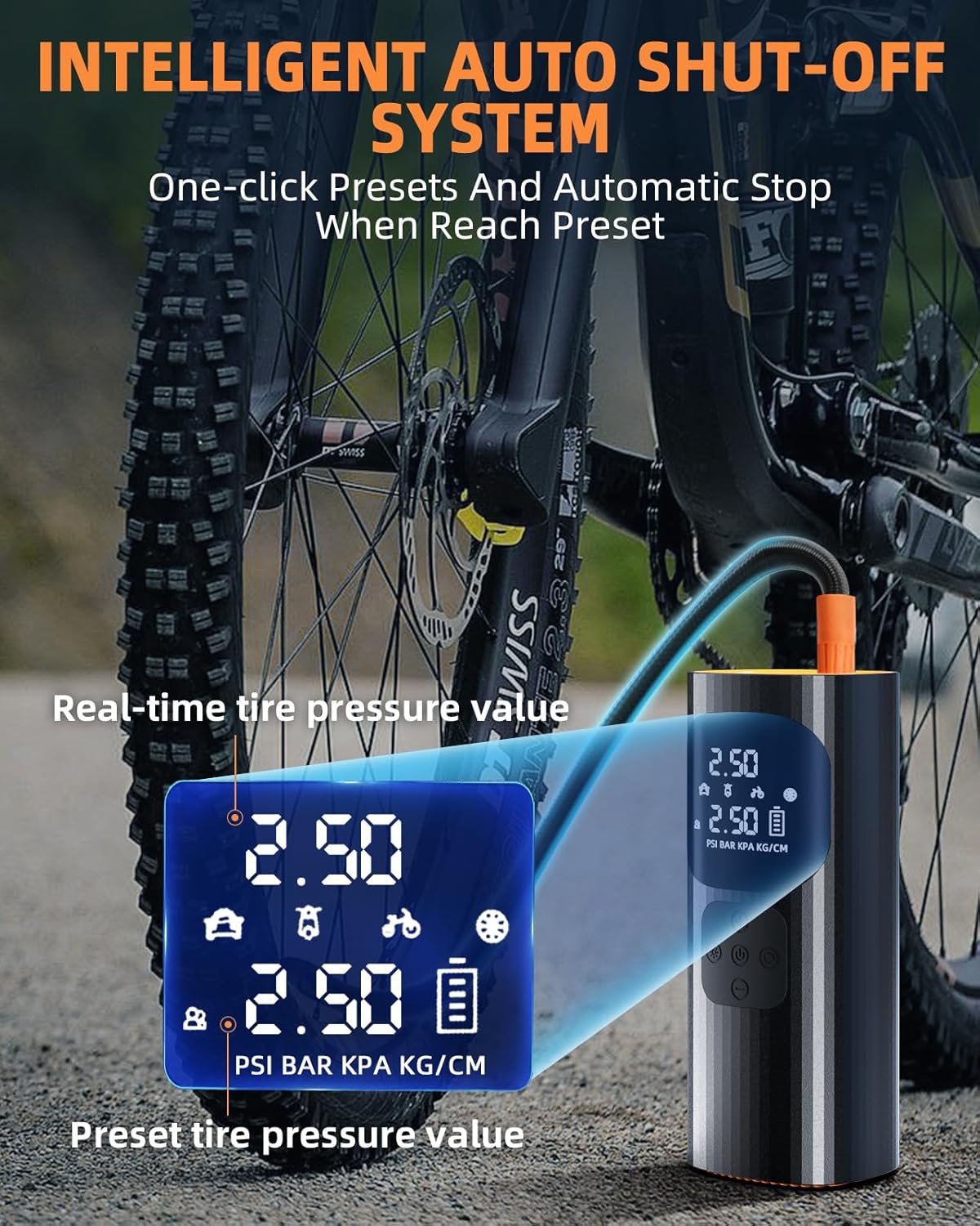 Tire Inflator Portable Air Compressor, 150PSI Cordless Air Pump for Car Tires with Auto Shut-Off Function and Real-Time Accurate Pressure Measurement, Bike Pump for Car, Motorcycle, Bike, Ball