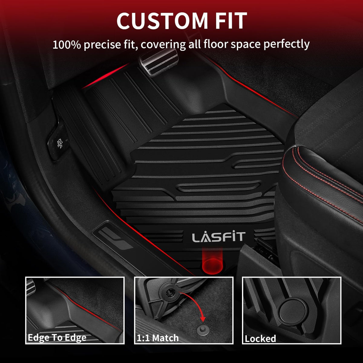 LASFIT Floor Mats for Ford Bronco Sport 2025 2024 2023 2022 2021 Carpeted Floor All Weather Protector Custom Fit TPE Car Liners, 1st & 2nd Row 3pcs Black