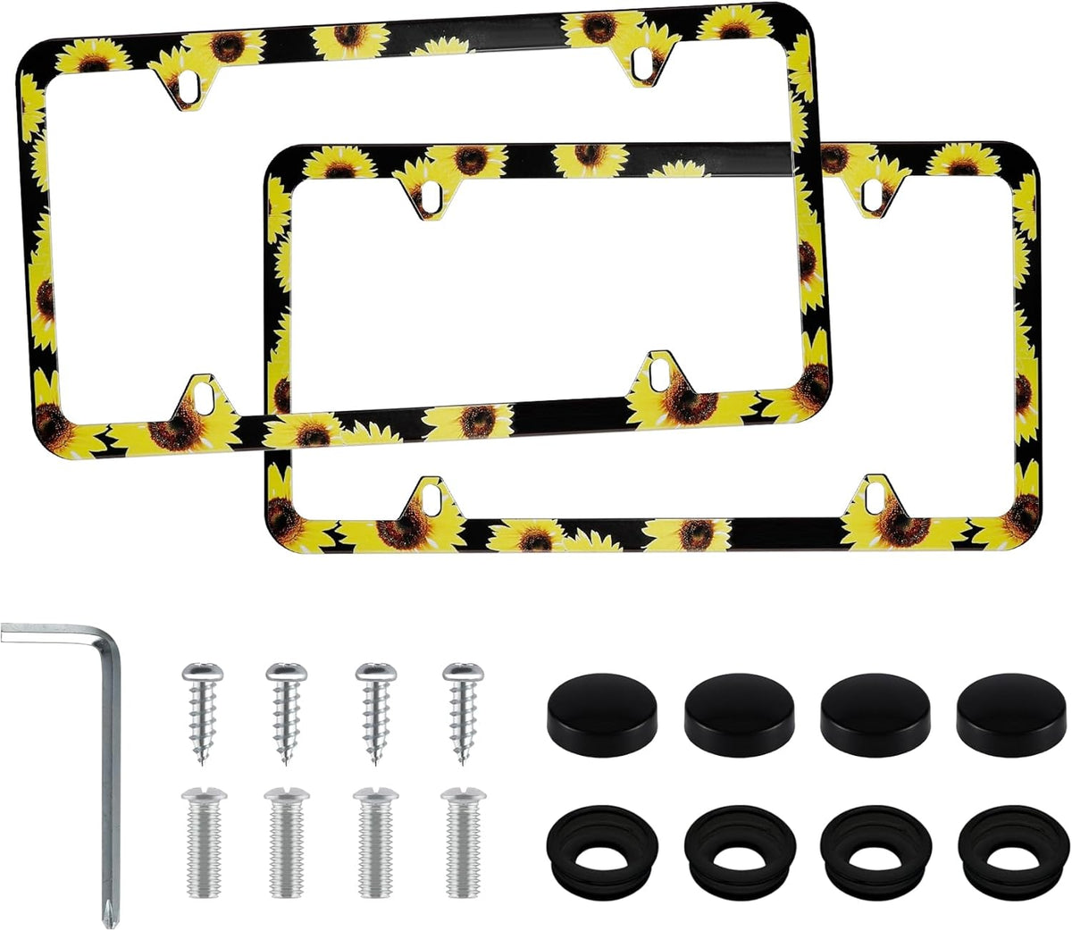 LivTee Flower License Plate Frames, 4 Holes Stainless Steel License Plate Covers, 2PCS Car License Plate Holder, Automotive Exterior Accessories, Sunflower