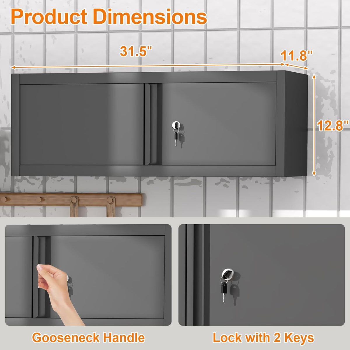 GREATMEET Metal Locking Garage Storage Cabinets, Lockable Storage Cabinet with Doors, 12.8" Metal Wall Cabinet, Wall Mount Hanging Floating Cabinet with Lock for RV, Warehouse Living Room
