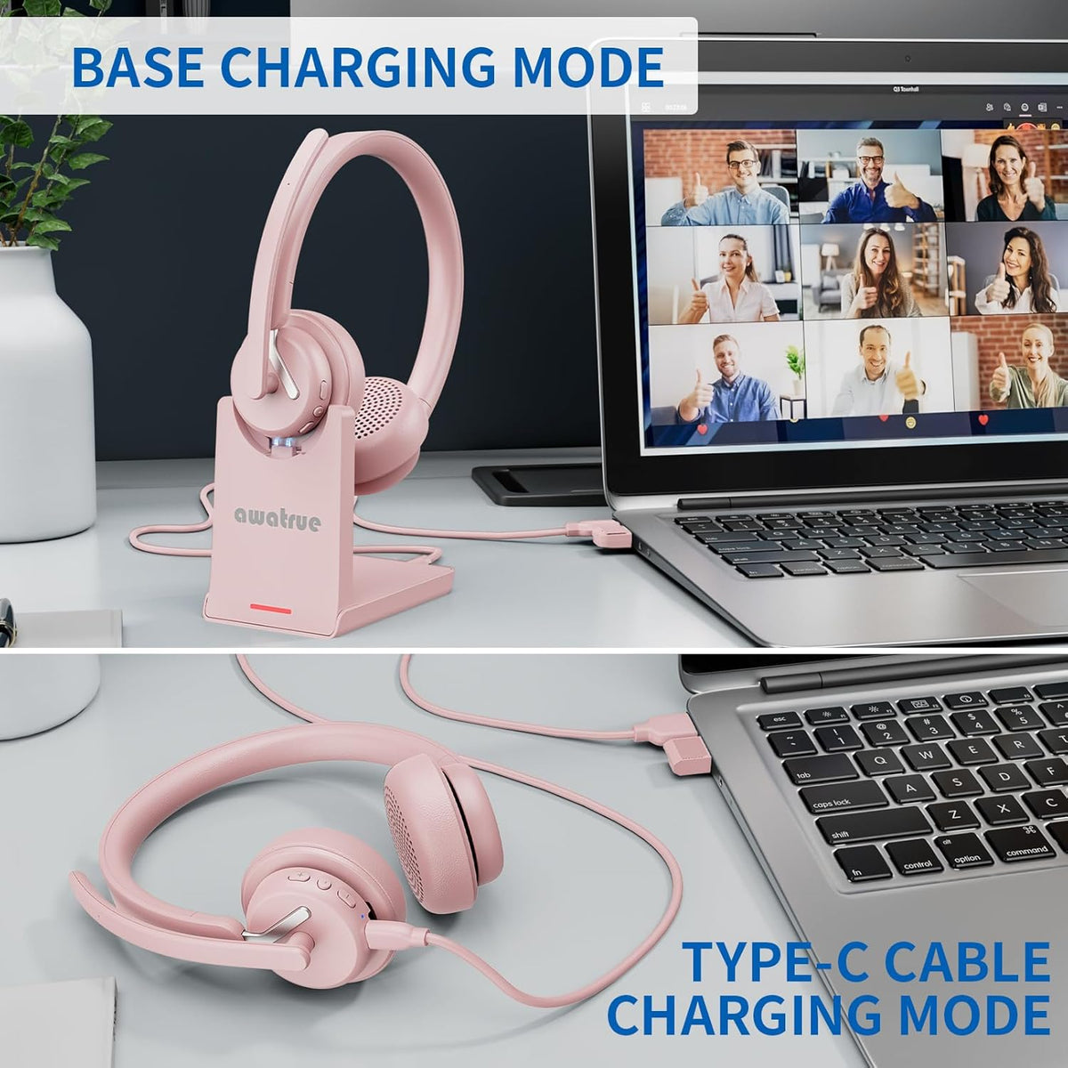 Wireless Headset with Mic, 2.4GHz Bluetooth Headset with AI Noise Cancelling Microphone & Charging Base, Wireless Headphones with USB Dongle for PC (Pink, L)