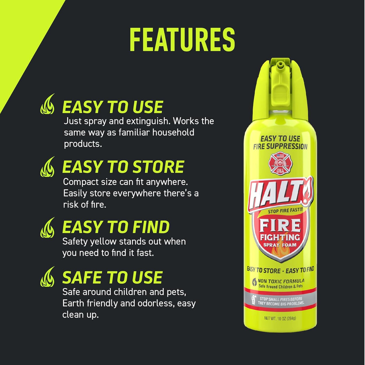 HALT! Fire Fighting Foam Spray – Non-Toxic, PFAS Free, Easy to Use, Store & Find in Emergency – Compact & Portable – Ideal for Home, Kitchen, Apartment, Car, BBQ, Tailgate – Made in USA (Single Pack)