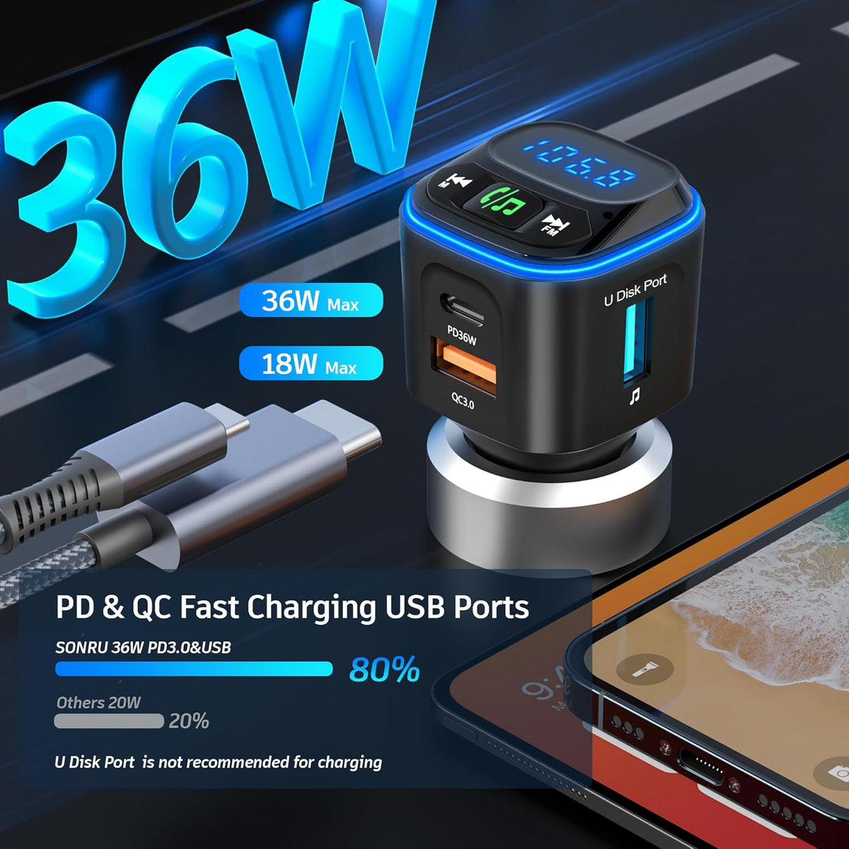 Bluetooth 5.3 FM Transmitter Car Adapter [PD36W & QC18W] [Fast Charging] Wireless Radio Adapter HiFi Bass Sound Hands-Free Calling LED Display with Light Switch Support Bluetooth/U Disk/TF Card