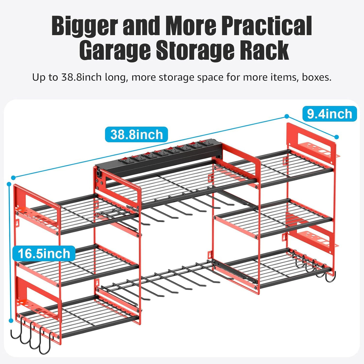 CCCEI Red Power Tool Organizer Wall Mount, Large Tools and Battery Storage Rack Charging Station Individual Switches. Drills Holder, Garage Utility Shelves with 6FT Power Strip. Gift for Men.