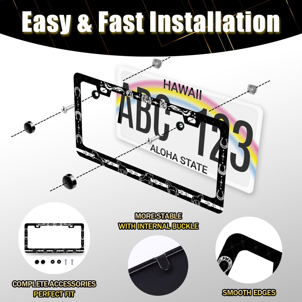 Horse License Plate Frame Horseshoe License Plate Holder for Front and Rear Car Tags Stainless Steel Auto Parts Animal Funny License Plate for Men Women Decoration with Screws 12" x 6" s