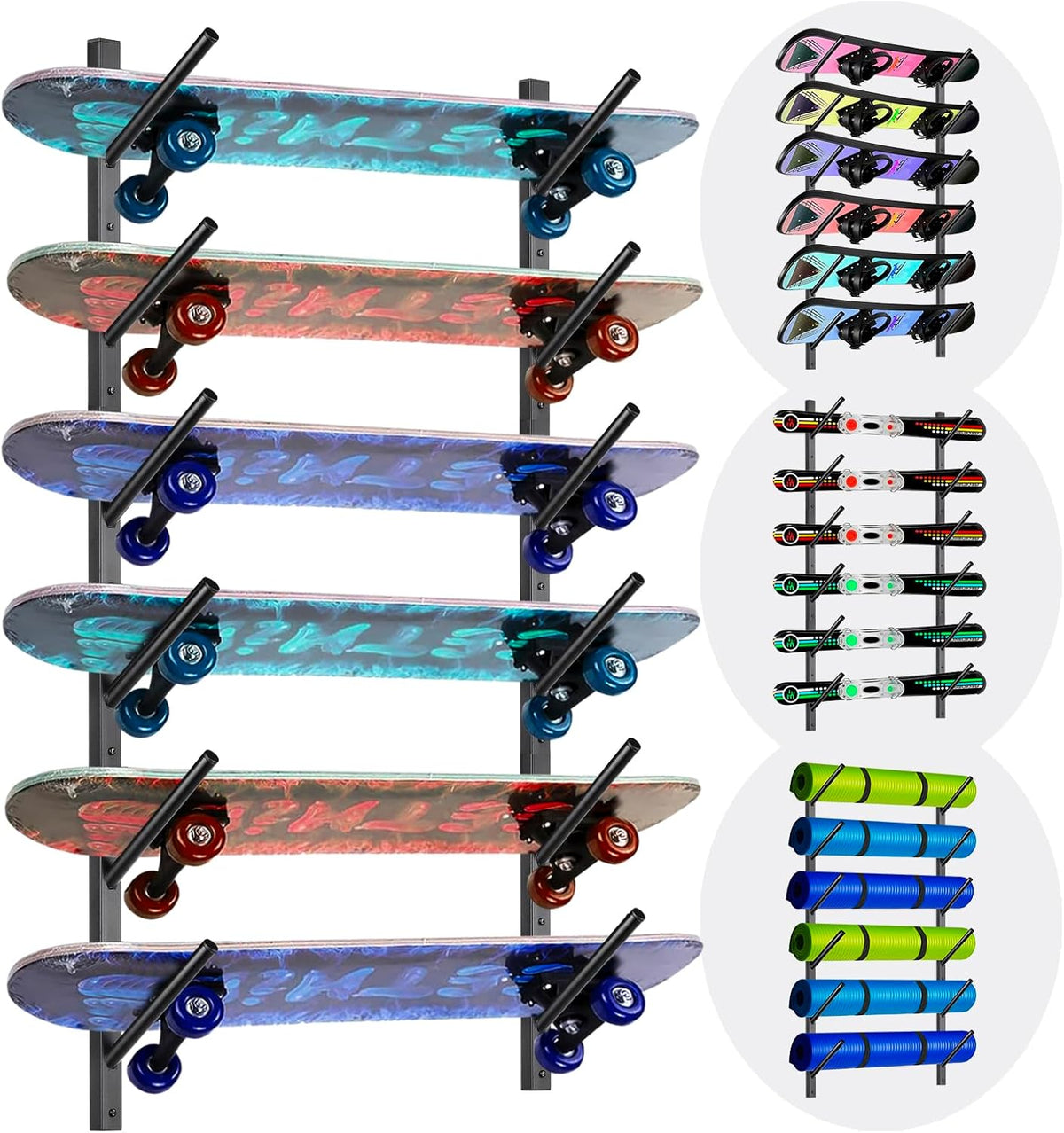 Skateboard Rack Wall Mount – Skateboard Wall Hanger, Snowboard Display Wall Mount, Ski Holder | 6-Floor Skateboard & Ski & Snowboard Storage Rack | Snowboard & Ski Lover Gifts