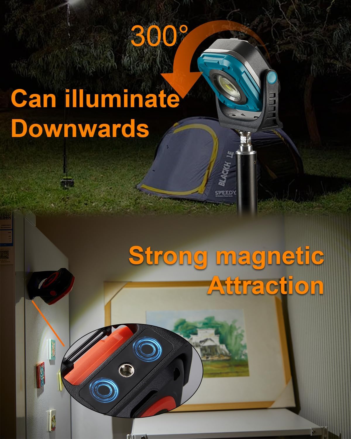 SUNREI 1300LM LED Magnetic Work Light with Stepless Dimming, 7800mAh COB Mechanic Flashlight, IPX65 Recharge Floodlight with Hook, 300° Rotate Job Site Lighting for Car Repairing, Camping, Working